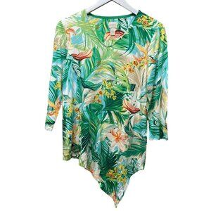 CHICO'S Tropical Tee Size Small (0 Chico's) Green V-neck Womens Top Asymmetric